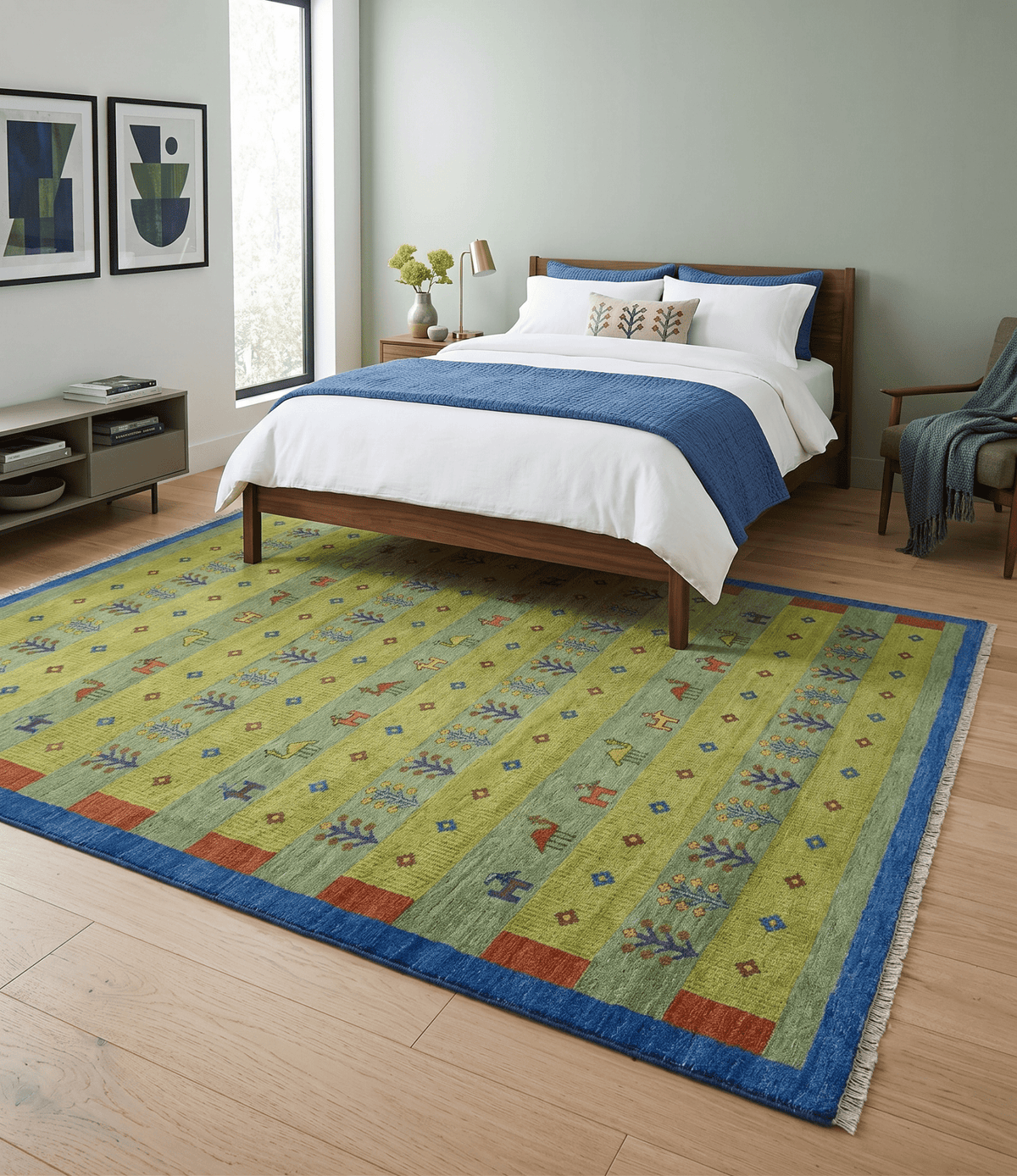 Animal and Tree Life Green, Blue and Rust Hand knotted Traditional Multi Size Wool Area Rug, Kids, Living Room and Bedroom Rug