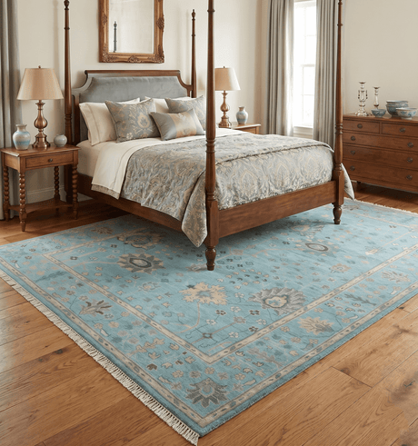 Antique Blue and Beige Hand Knotted Traditional Floral Wool Area Rug