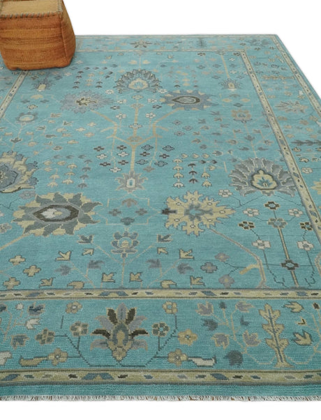 Antique Blue and Beige Hand Knotted Traditional Floral Wool Area Rug