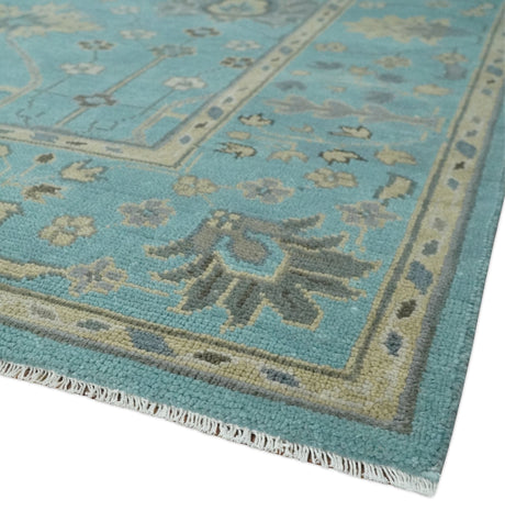 Antique Blue and Beige Hand Knotted Traditional Floral Wool Area Rug