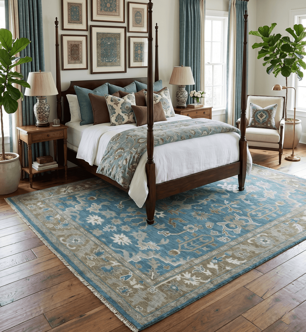 Antique Blue and Brown Traditional Persian Hand Knotted Wool Area Rug