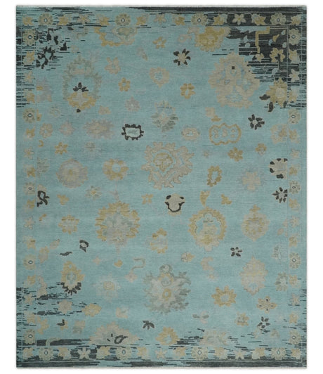 Antique Blue And Charcoal Hand knotted Traditional Oushak Wool Area Rug