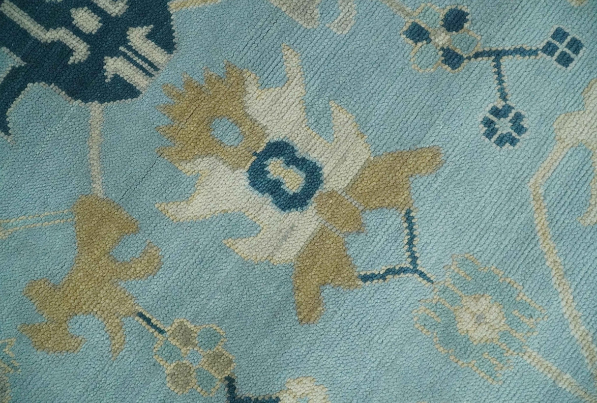 Antique Blue, Ivory and Beige Multi Size Traditional Oushak Wool Rug