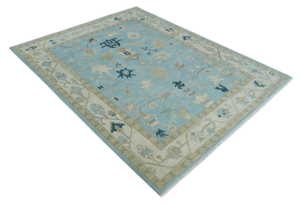 Antique Blue, Ivory and Beige Traditional Oushak Hand Knotted Wool Rug
