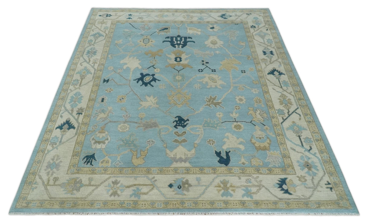 Antique Blue, Ivory and Beige Traditional Oushak Hand Knotted Wool Rug