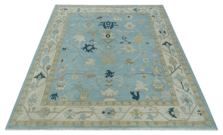 Antique Blue, Ivory and Beige Traditional Oushak Hand Knotted Wool Rug