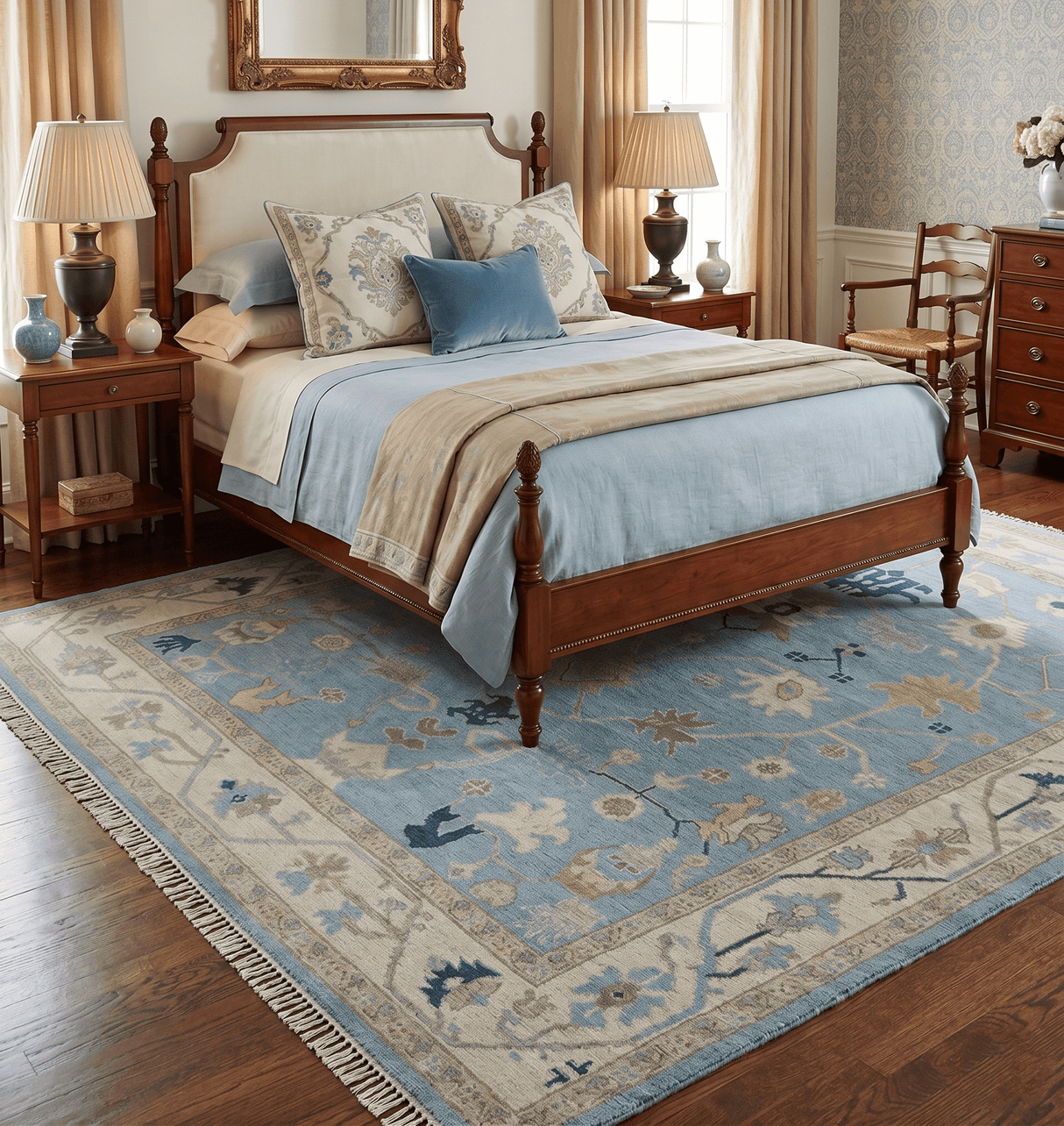 Antique Blue, Ivory and Beige Traditional Oushak Hand Knotted Wool Rug