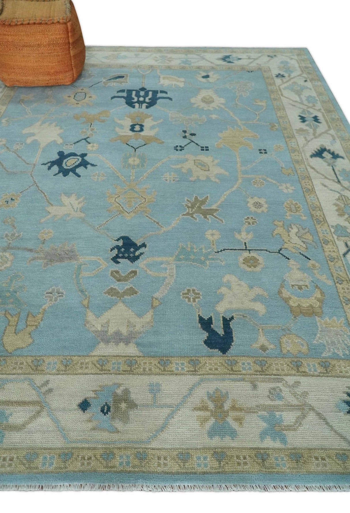 Antique Blue, Ivory and Beige Traditional Oushak Hand Knotted Wool Rug