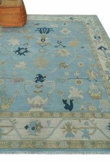Antique Blue, Ivory and Beige Traditional Oushak Hand Knotted Wool Rug