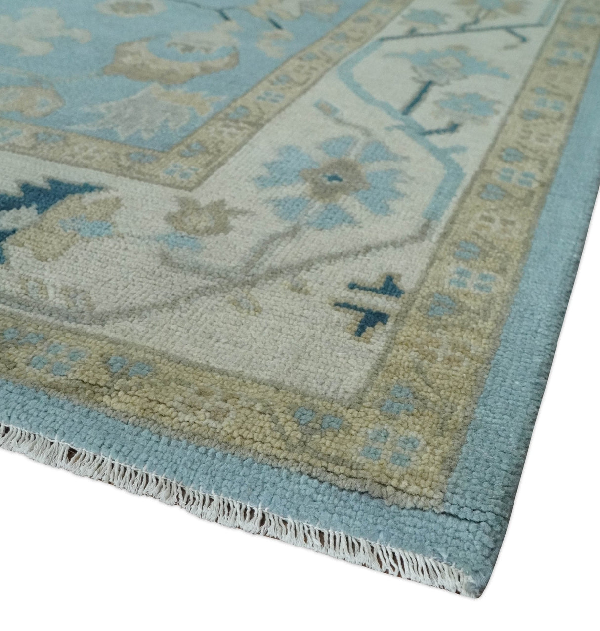 Antique Blue, Ivory and Beige Traditional Oushak Hand Knotted Wool Rug
