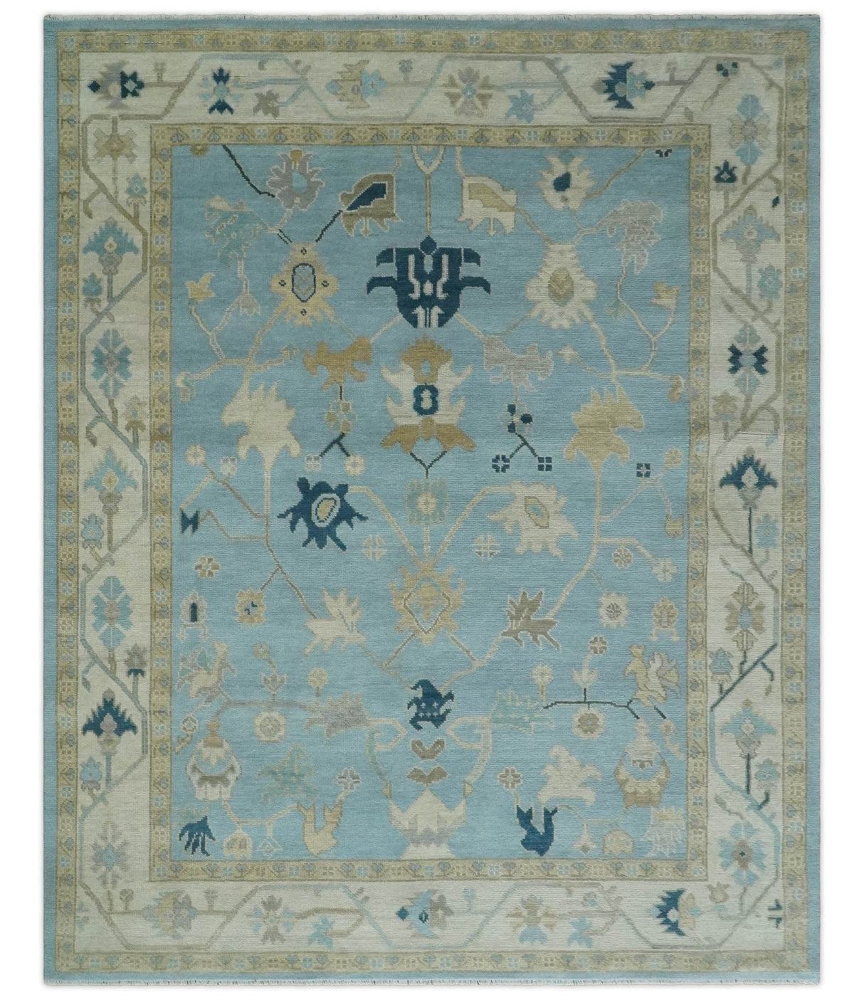 Antique Blue, Ivory and Beige Traditional Oushak Hand Knotted Wool Rug