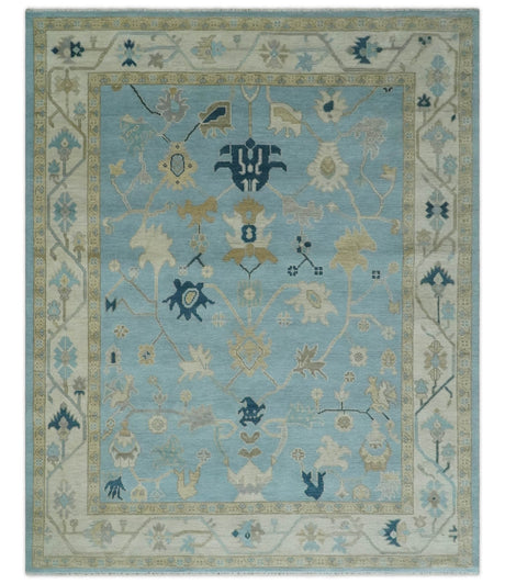 Antique Blue, Ivory and Beige Traditional Oushak Hand Knotted Wool Rug