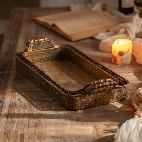 Antique Brass Filigree Serving Tray Set-Serving Tray-Parc Decor