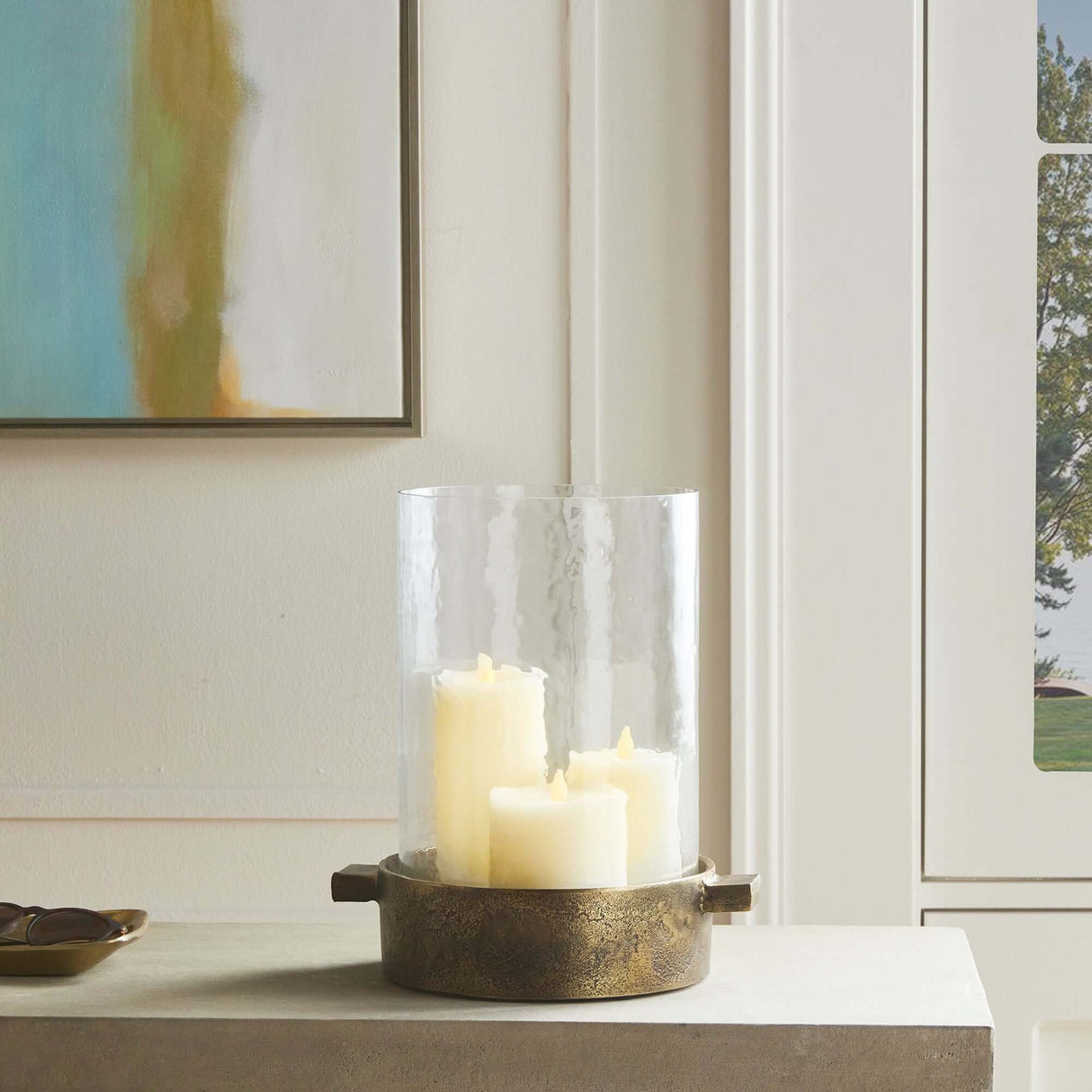 Antique Brass Hurricane Candle Holder with Hammered Glass-Candle Holder-Parc Decor