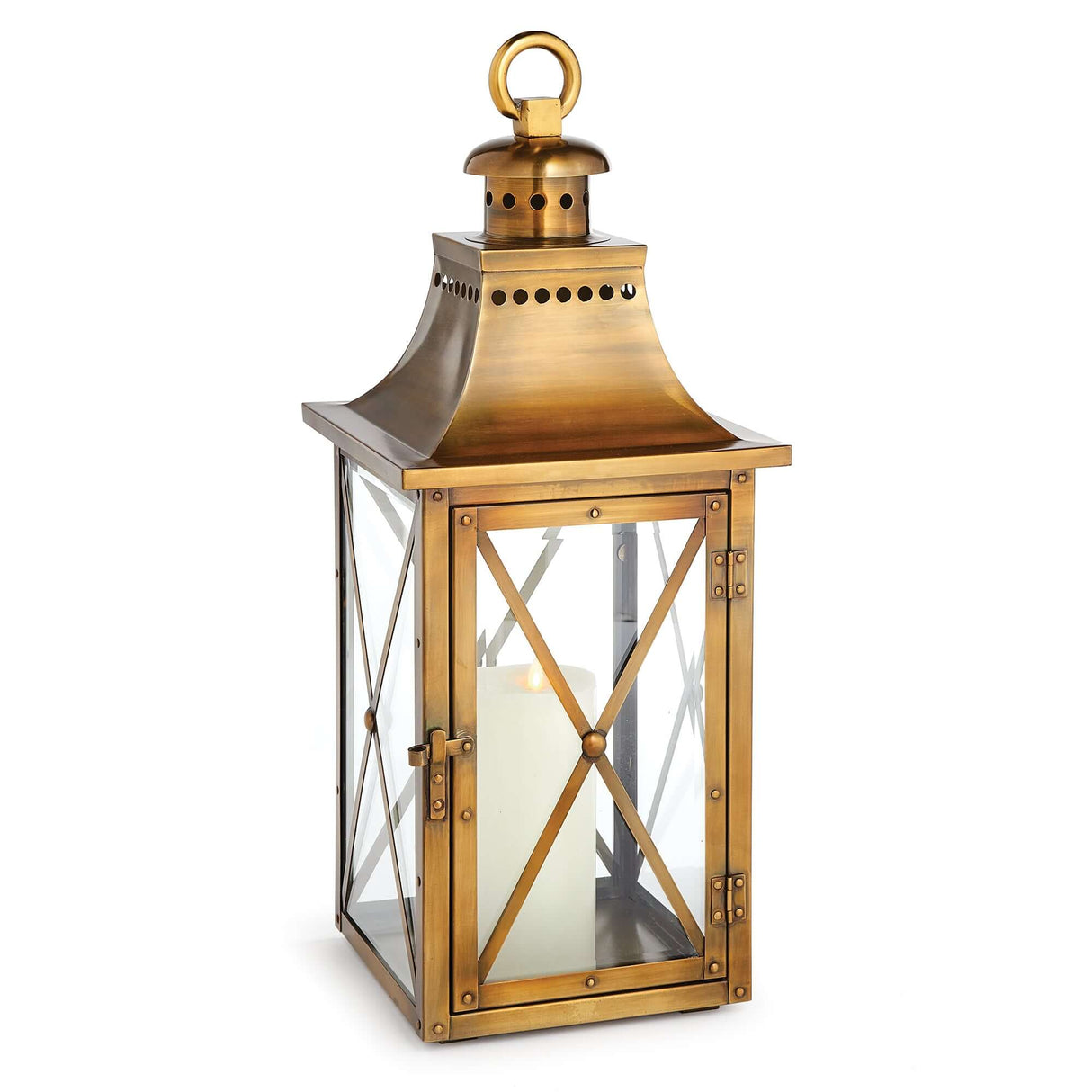 Antique Brass Lantern with Crossbar Glass and Hanging Ring-Lantern-Parc Decor
