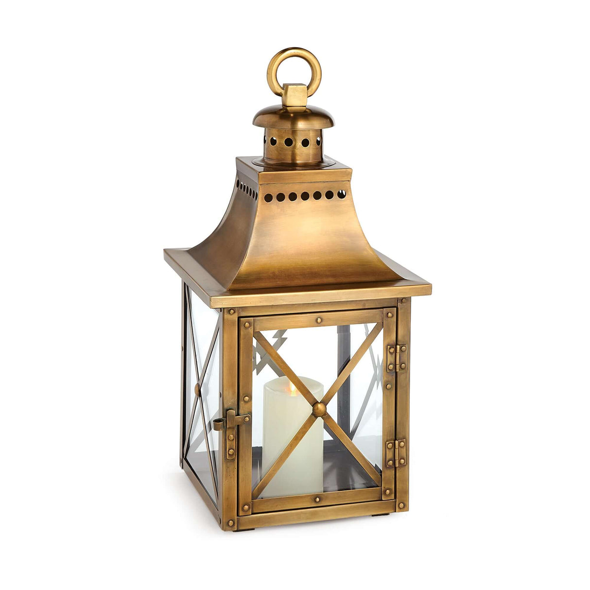 Antique Brass Lantern with Crossbar Glass and Hanging Ring-Lantern-Parc Decor
