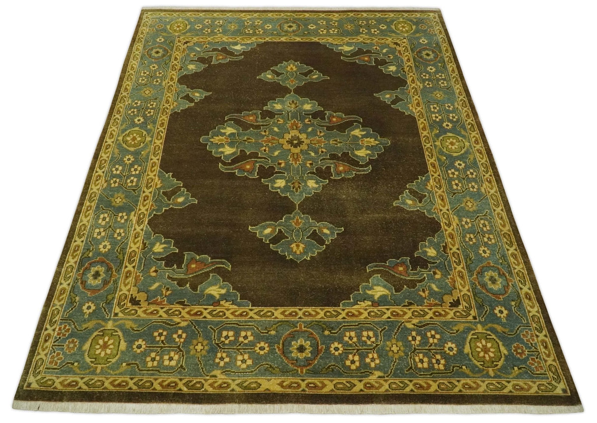 Antique Brown and Blue 8x10 Hand Knotted Medallion Wool Area Rug