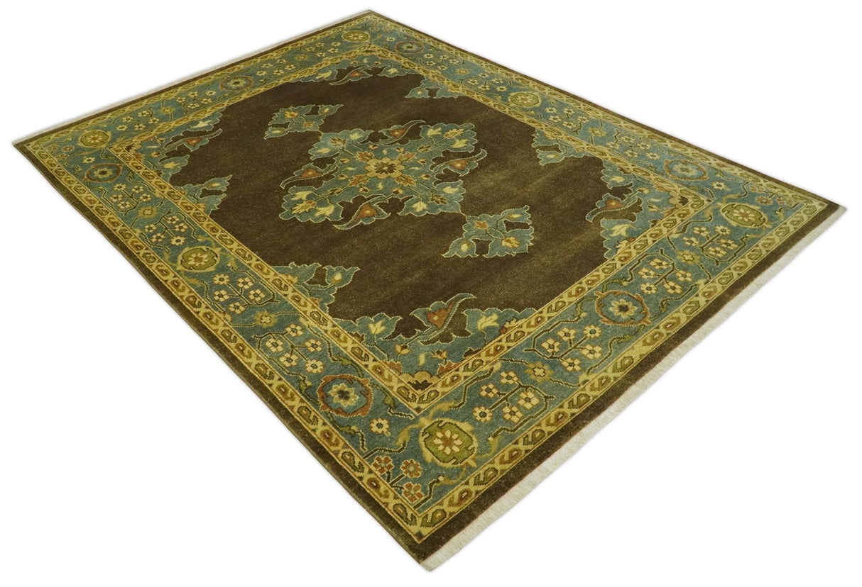 Antique Brown and Blue 8x10 Hand Knotted Medallion Wool Area Rug