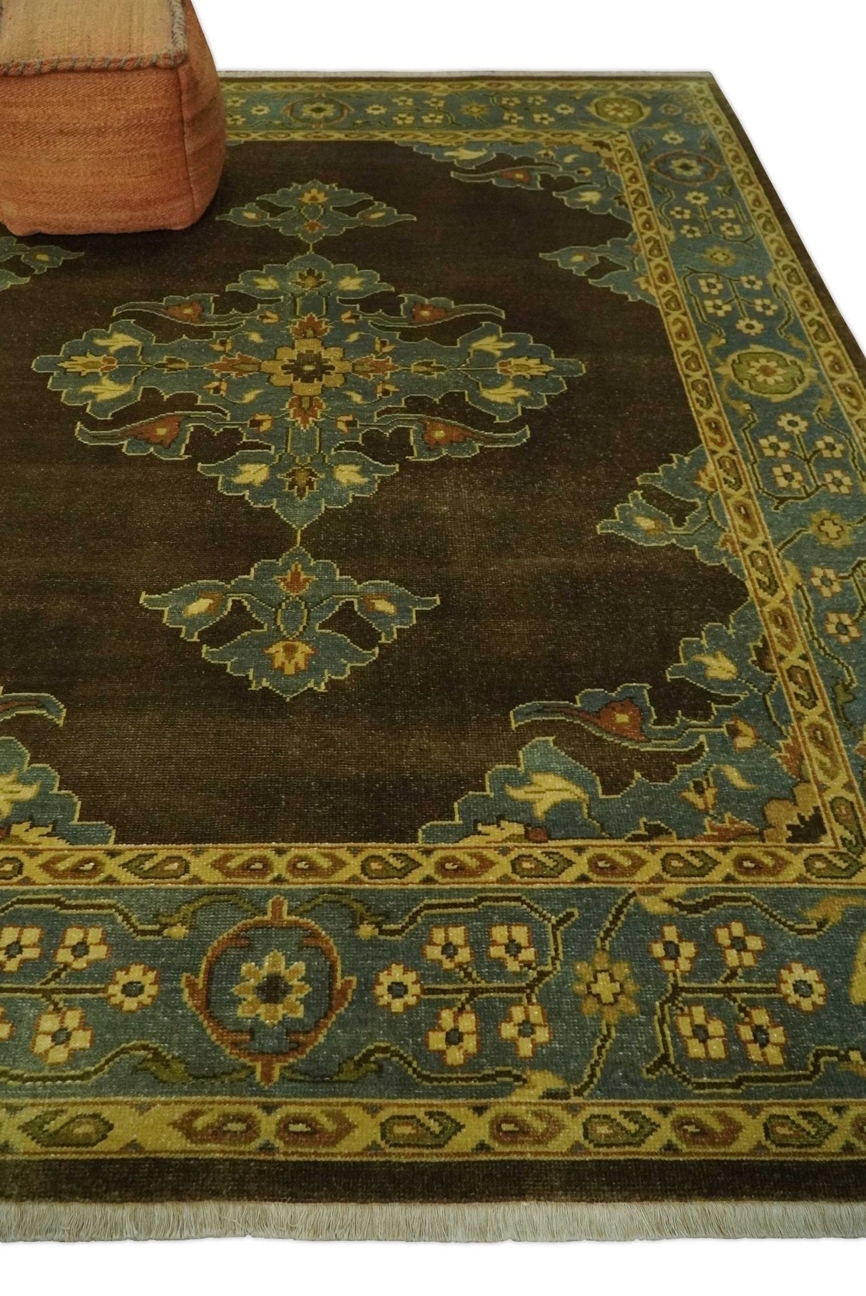 Antique Brown and Blue 8x10 Hand Knotted Medallion Wool Area Rug