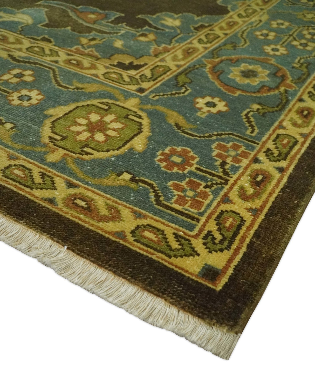 Antique Brown and Blue 8x10 Hand Knotted Medallion Wool Area Rug