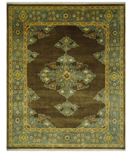 Antique Brown and Blue 8x10 Hand Knotted Medallion Wool Area Rug