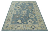 Antique Charcoal and Beige Hand Knotted Traditional Oushak Wool Area Rug