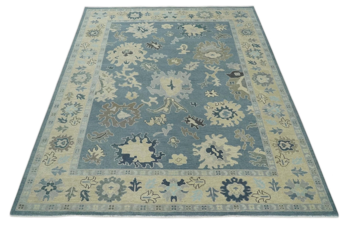 Antique Charcoal and Beige Hand Knotted Traditional Oushak Wool Area Rug