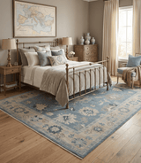Antique Charcoal and Beige Hand Knotted Traditional Oushak Wool Area Rug