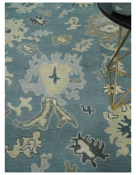 Antique Charcoal and Beige Hand Knotted Traditional Oushak Wool Area Rug