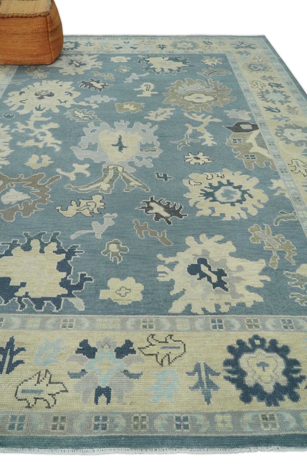 Antique Charcoal and Beige Hand Knotted Traditional Oushak Wool Area Rug