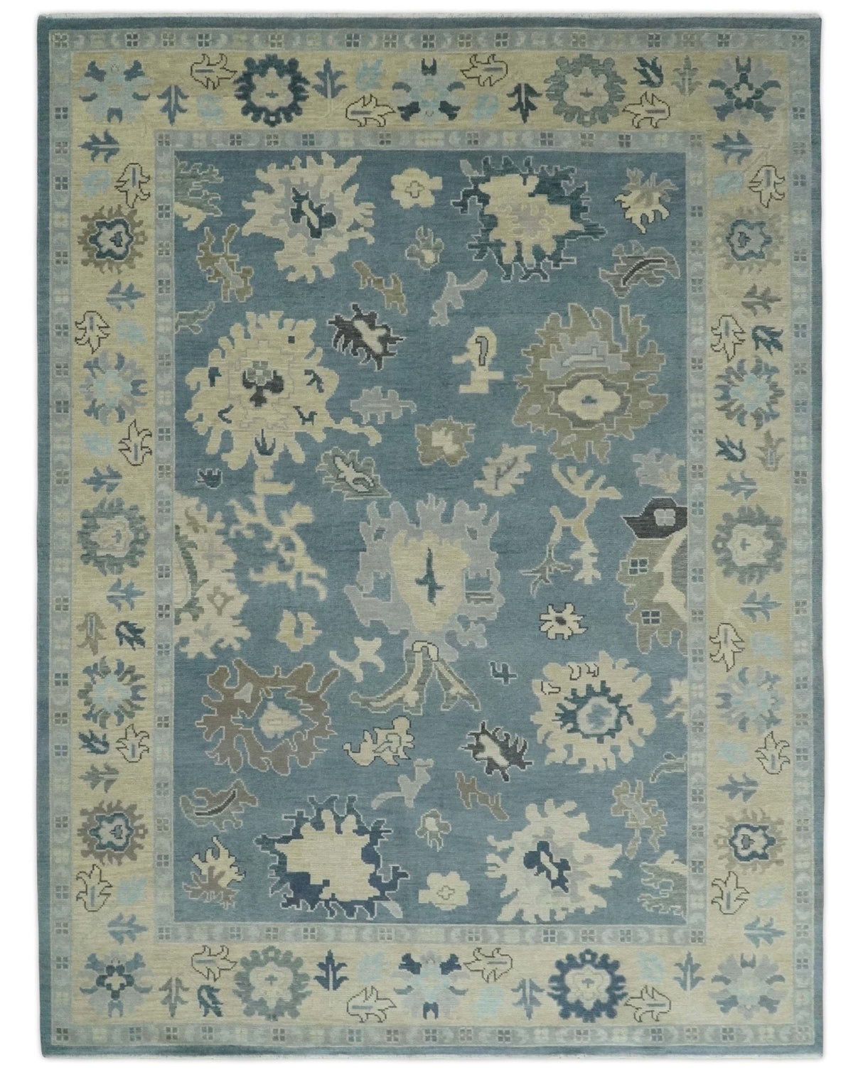 Antique Charcoal and Beige Hand Knotted Traditional Oushak Wool Area Rug