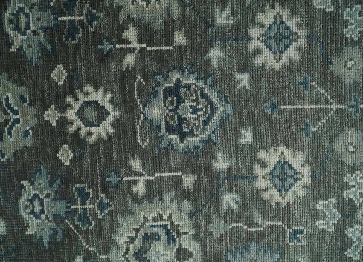 Antique Charcoal And Silver Hand Knotted Oushak Traditional Wool Rug
