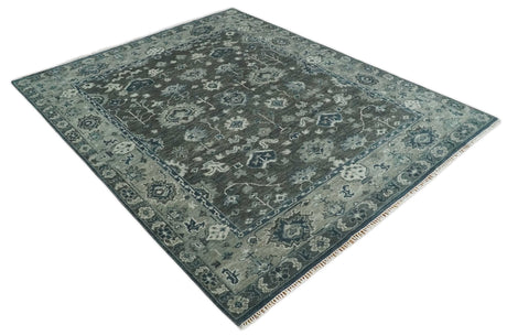 Antique Charcoal And Silver Hand Knotted Oushak Traditional Wool Rug