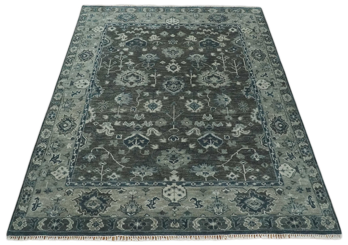 Antique Charcoal And Silver Hand Knotted Oushak Traditional Wool Rug