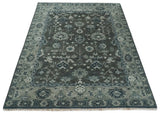 Antique Charcoal And Silver Hand Knotted Oushak Traditional Wool Rug