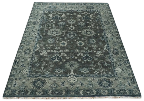 Antique Charcoal And Silver Hand Knotted Oushak Traditional Wool Rug