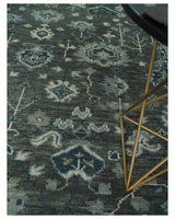 Antique Charcoal And Silver Hand Knotted Oushak Traditional Wool Rug