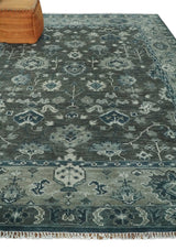 Antique Charcoal And Silver Hand Knotted Oushak Traditional Wool Rug