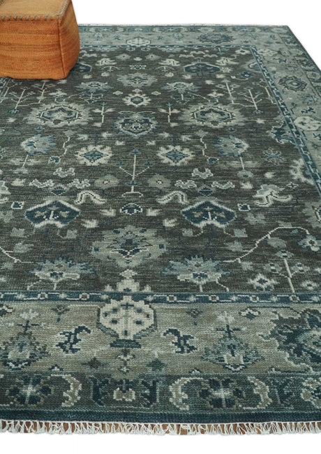 Antique Charcoal And Silver Hand Knotted Oushak Traditional Wool Rug