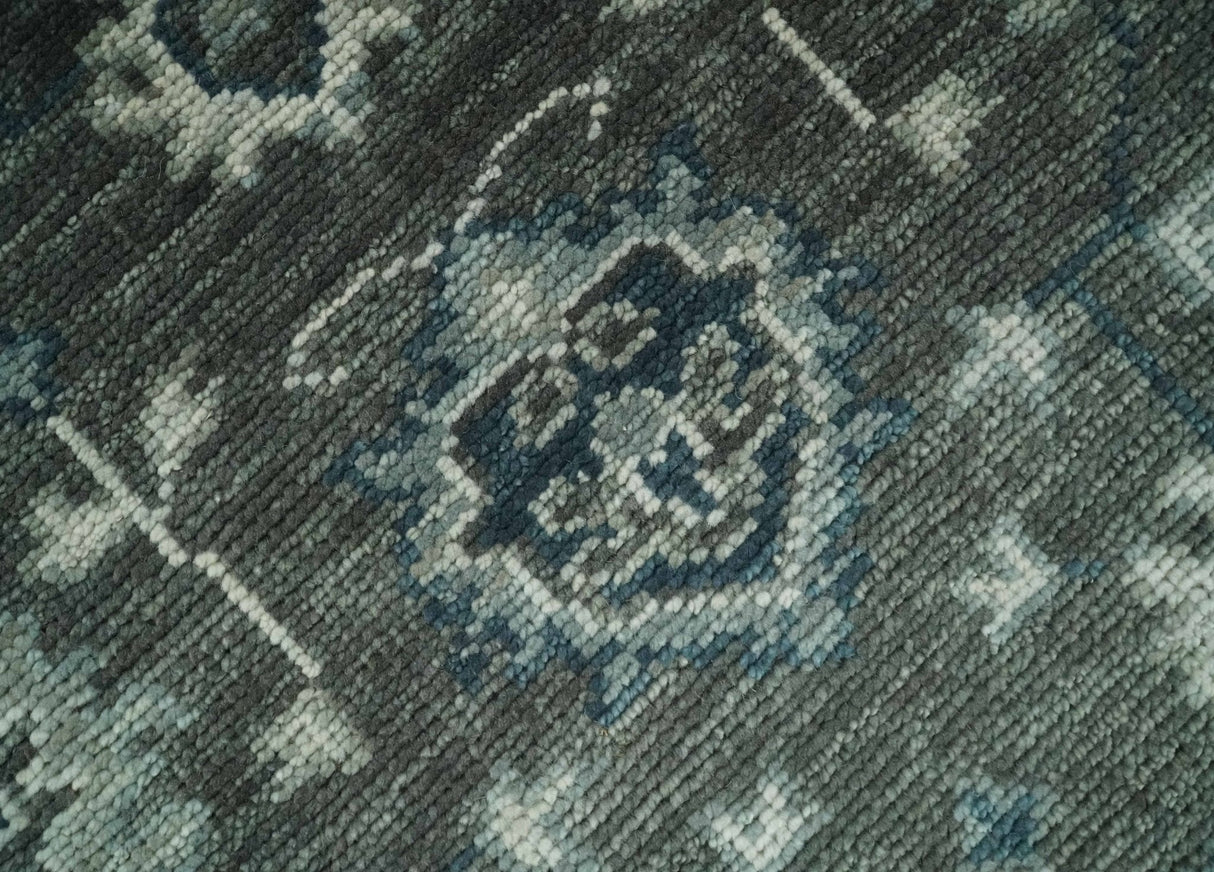 Antique Charcoal And Silver Hand Knotted Oushak Traditional Wool Rug