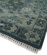 Antique Charcoal And Silver Hand Knotted Oushak Traditional Wool Rug