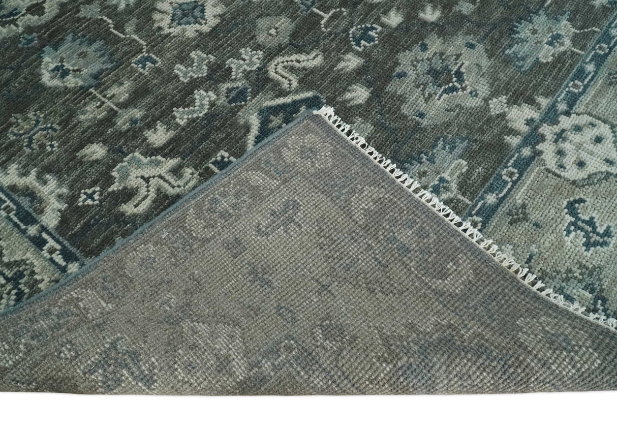 Antique Charcoal And Silver Hand Knotted Oushak Traditional Wool Rug