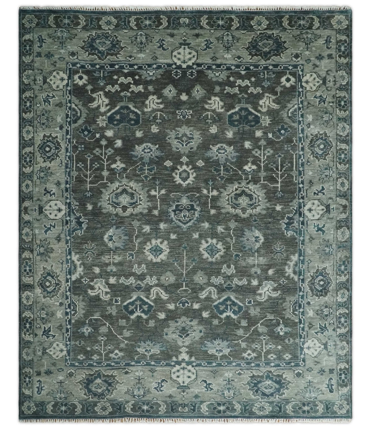 Antique Charcoal And Silver Hand Knotted Oushak Traditional Wool Rug