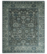 Antique Charcoal And Silver Hand Knotted Oushak Traditional Wool Rug