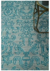 Antique design 6.5x10 Silver and Blue Traditional Hand Knotted wool Area Rug