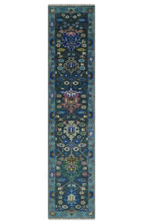 Antique Design Hand Knotted Charcoal, Green Moss and Blue Oushak Custom Made Rug