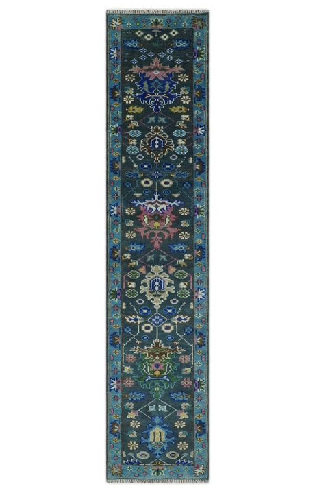 Antique Design Hand Knotted Charcoal, Green Moss and Blue Oushak Custom Made Rug