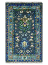 Antique Design Hand Knotted Charcoal, Green Moss and Blue Oushak Custom Made Rug