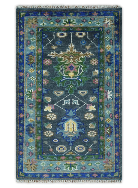 Antique Design Hand Knotted Charcoal, Green Moss and Blue Oushak Custom Made Rug