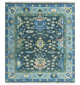 Antique Design Hand Knotted Charcoal, Green Moss and Blue Oushak Custom Made Rug